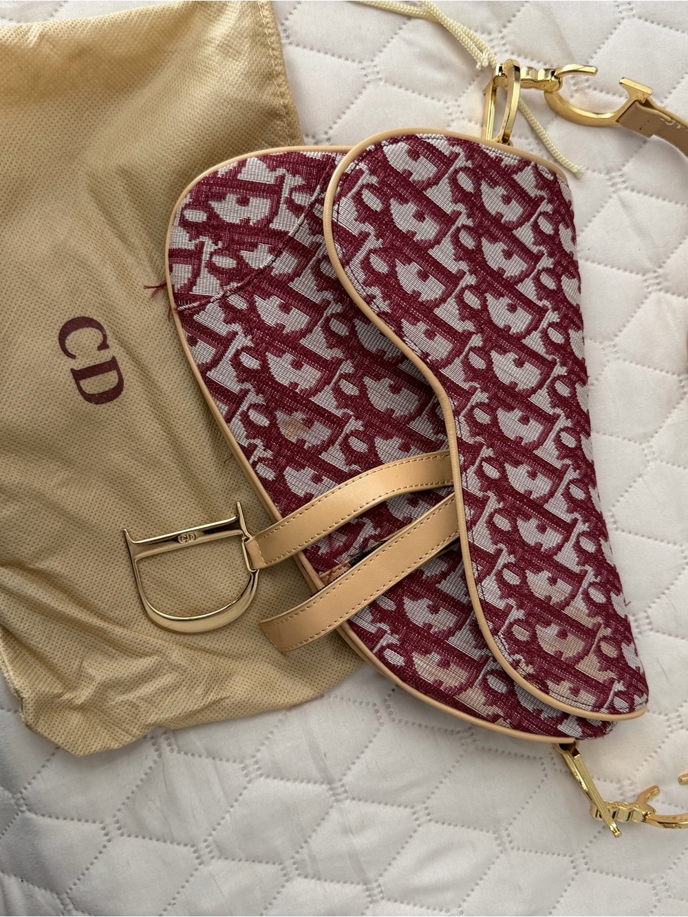 Dior Burgundy and White Saddle Bag with Gold Hardware - Picture 3 of 5